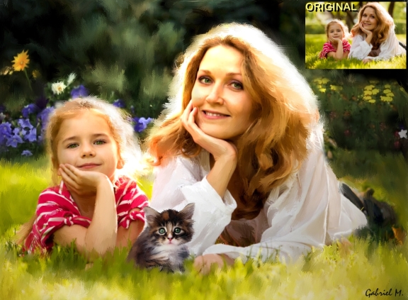 Family portrait on canvas, size 12 x 16 inches, made using a 4x5 small photo. We can made your family portrait according with your personal preferences. We can adding hair, change backgrounds, color of dresses, eyes, etc. The possibilities are unlimited.